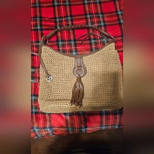 Brighton Ferrara Novera Brandy Raffia & Brown Hobo Leather Shoulder Bag Purse.